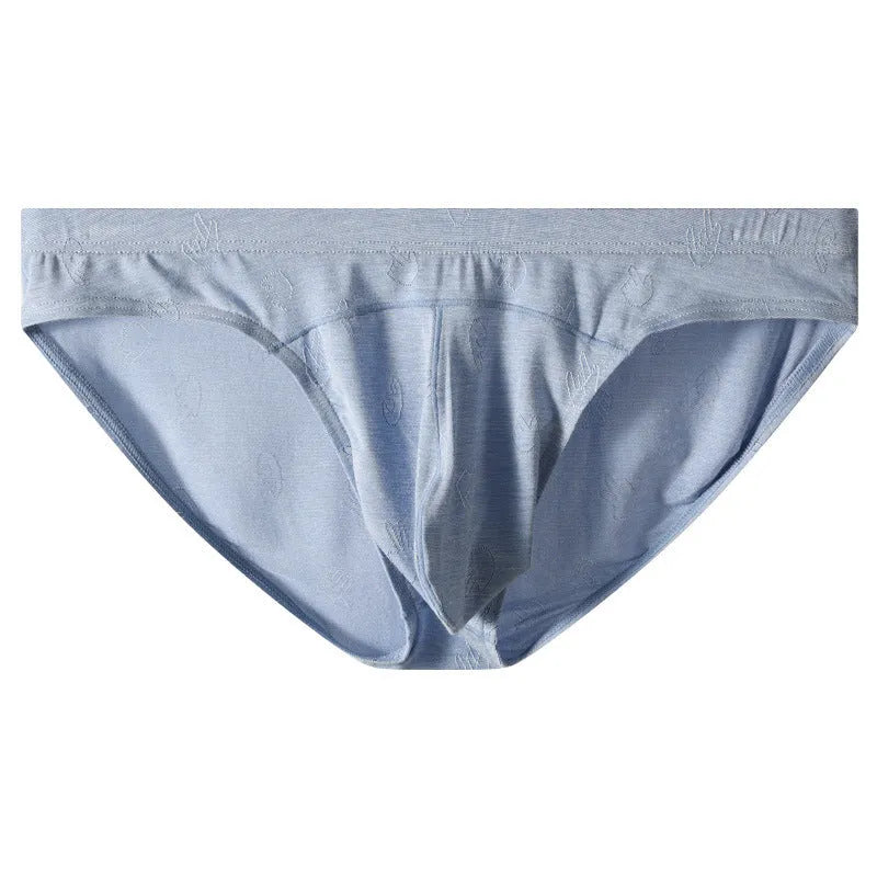 Modal low waist briefs in dark gray, green, sky blue, pink, and colorful blue with jacquard ice silk finish, sizes M to XXL.