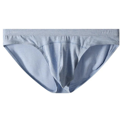 Modal low waist briefs in dark gray, green, sky blue, pink, and colorful blue with jacquard ice silk finish, sizes M to XXL.