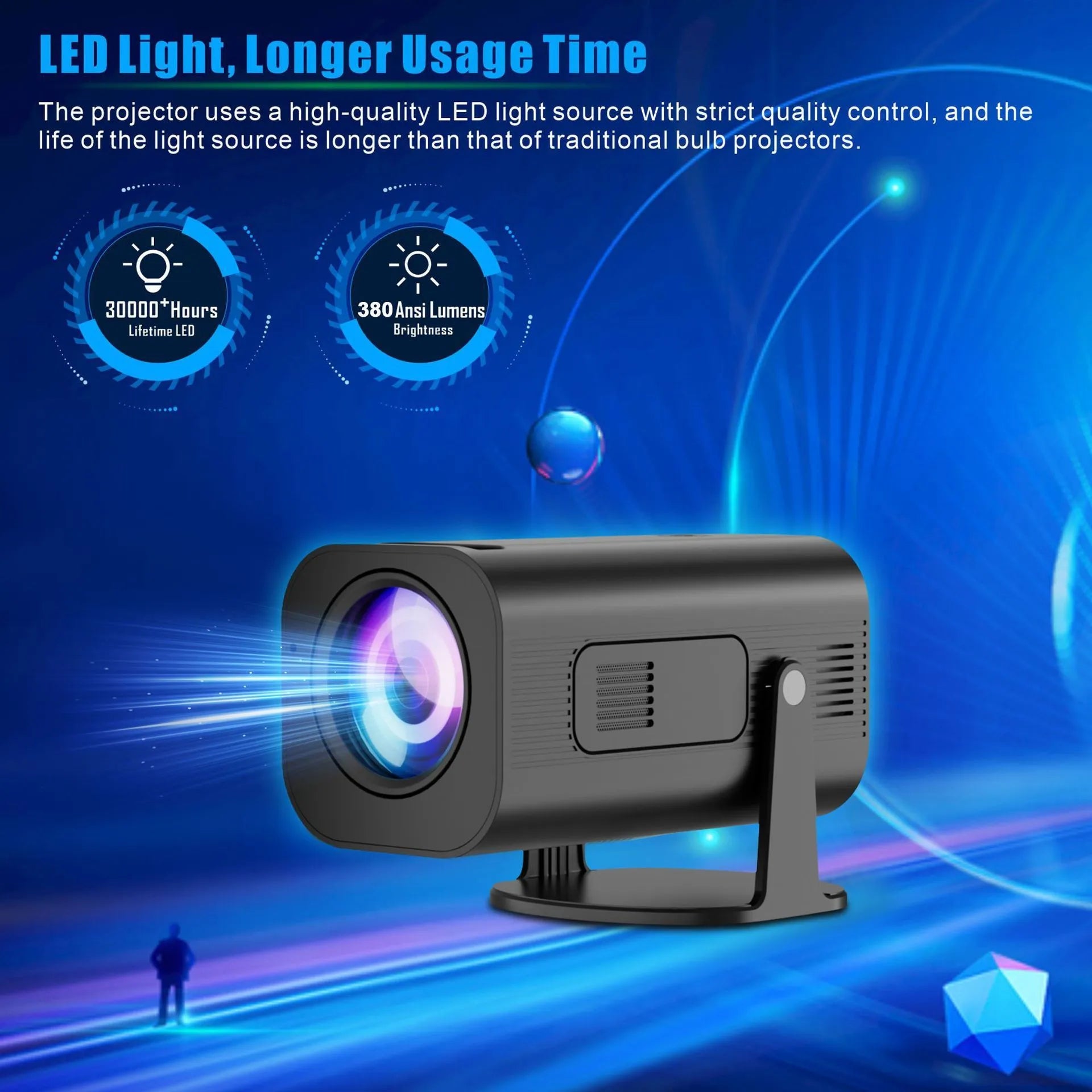P330 portable mini projector in black or white with remote control on a table.