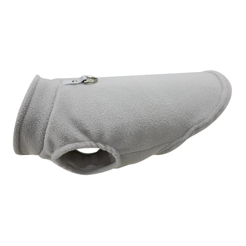Thickened polar fleece dog waistcoat in solid colours red, black, blue, available in sizes S M L XL.