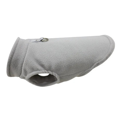 Thickened polar fleece dog waistcoat in solid colours red, black, blue, available in sizes S M L XL.