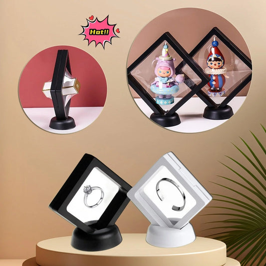 3D floating jewelry coin display stand in white and black, showcasing collectibles in mid-air