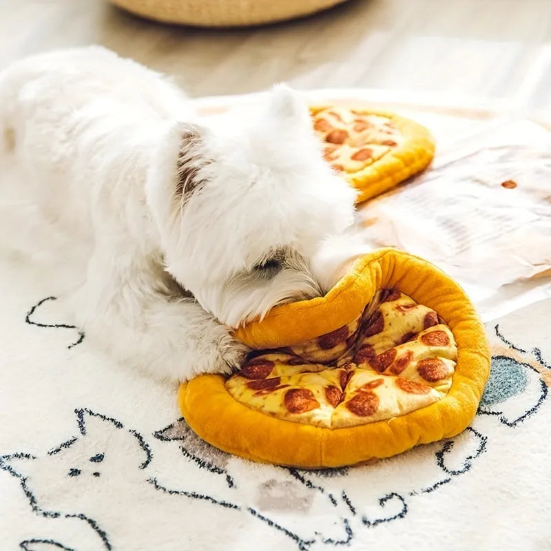 Yellow pizza slice dog chewing toy with teddy bear texture and squeaker