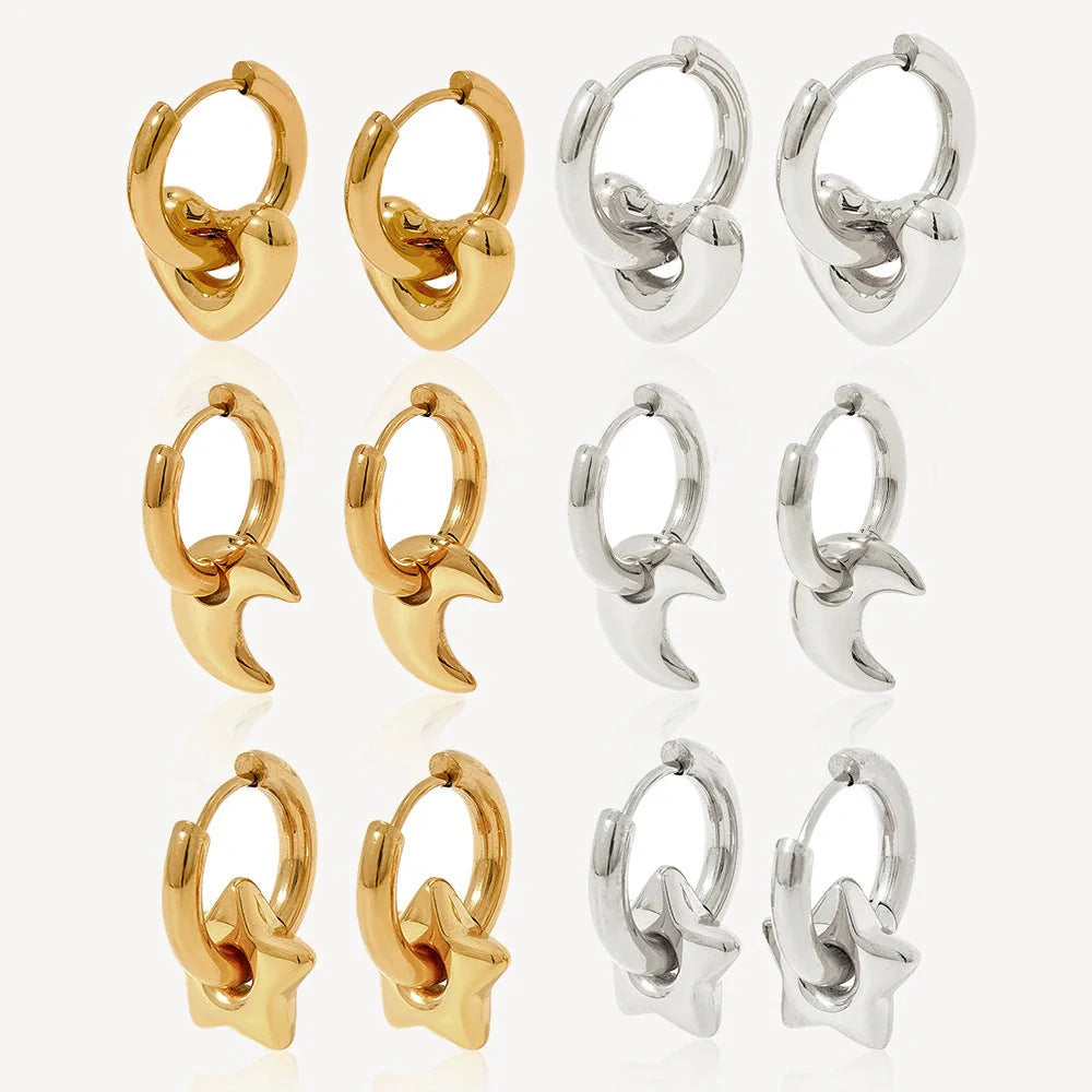 Elegant stainless steel earrings with a glossy finish, showcasing a variety of geometric shapes and colours to complement any British-inspired fashion