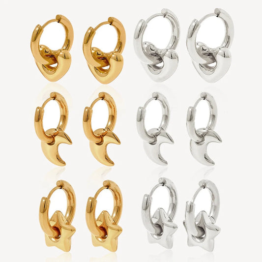 Elegant stainless steel earrings with a glossy finish, showcasing a variety of geometric shapes and colours to complement any British-inspired fashion