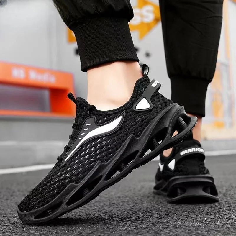 Breathable mesh running shoes with lace-up closure, available in black, white blue, and white grey colors