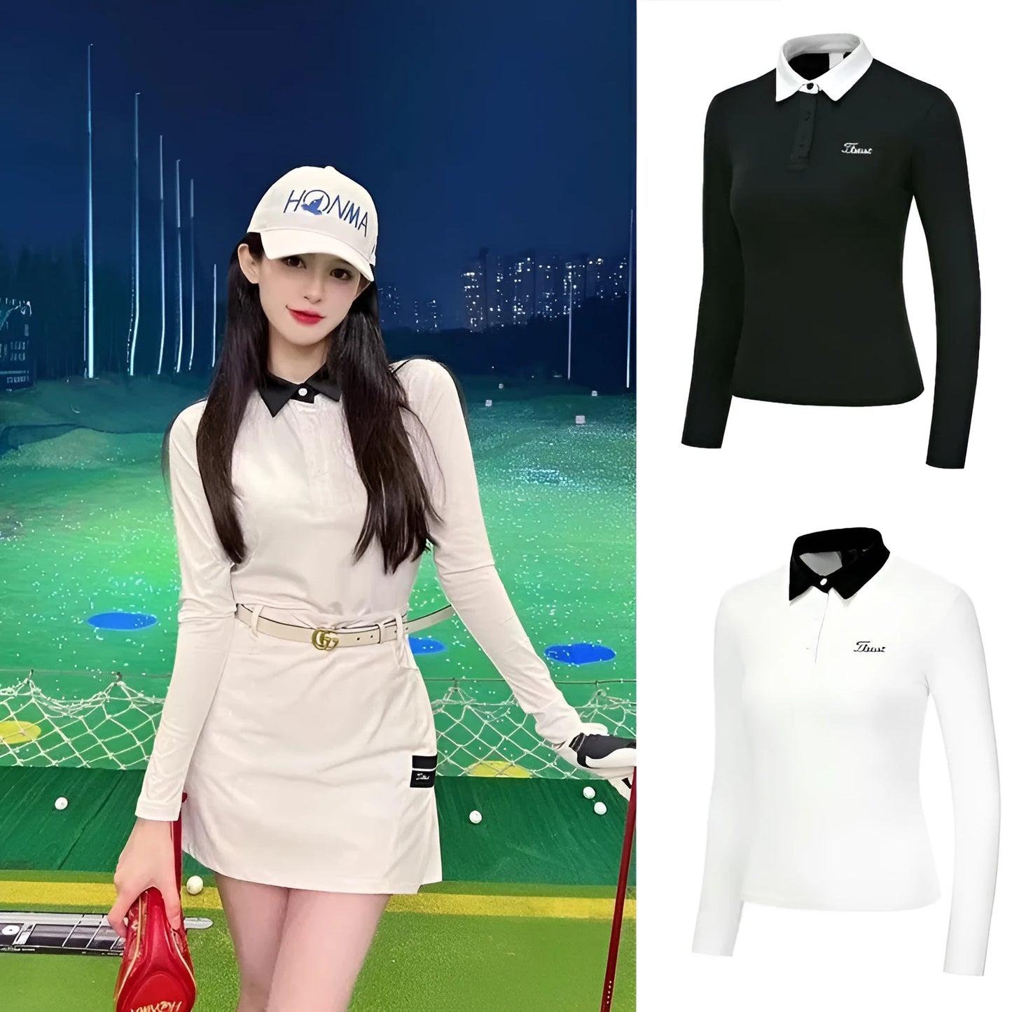Women's white polyester long sleeve sportswear top for golf and outdoor activities
