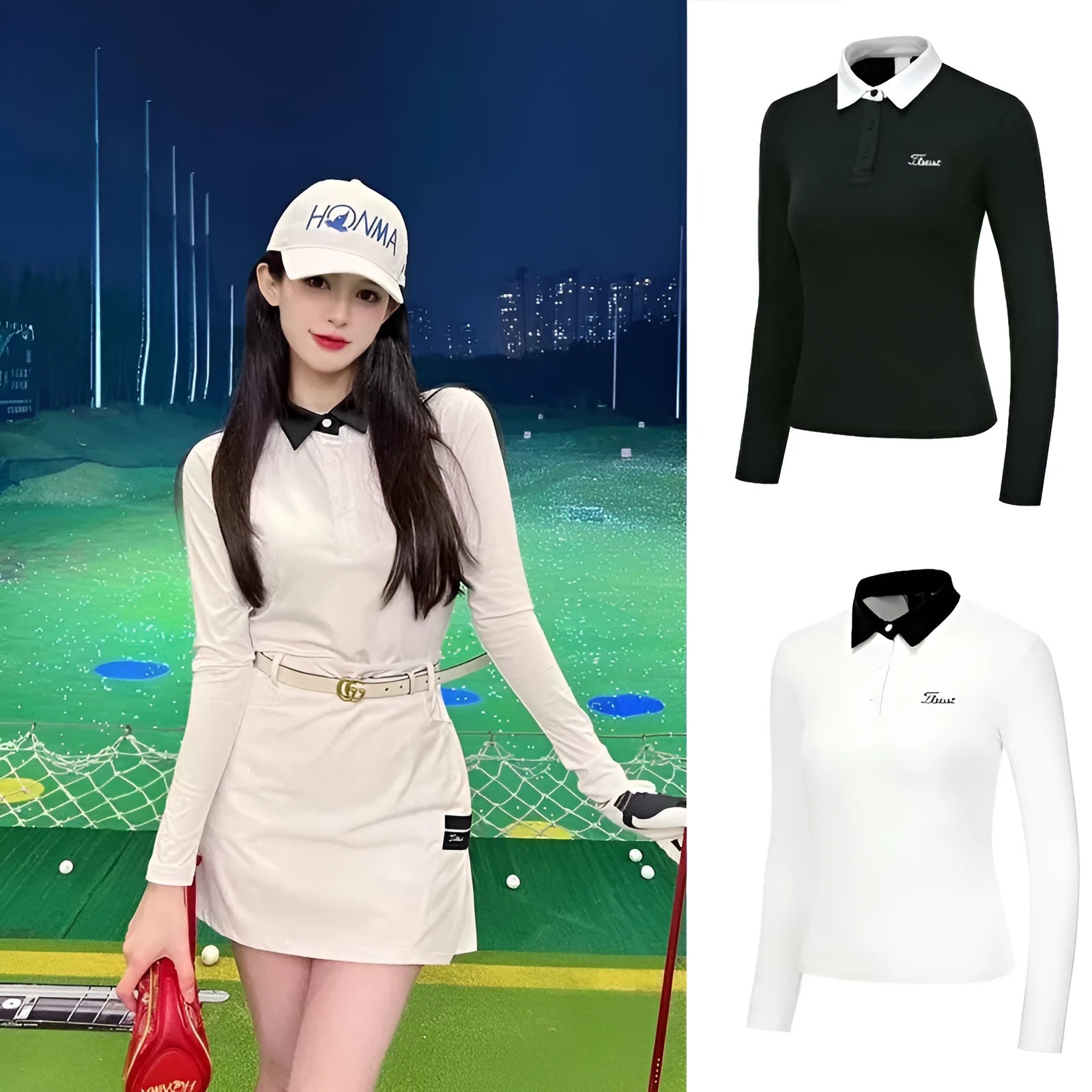 Women's white polyester long sleeve sportswear top for golf and outdoor activities