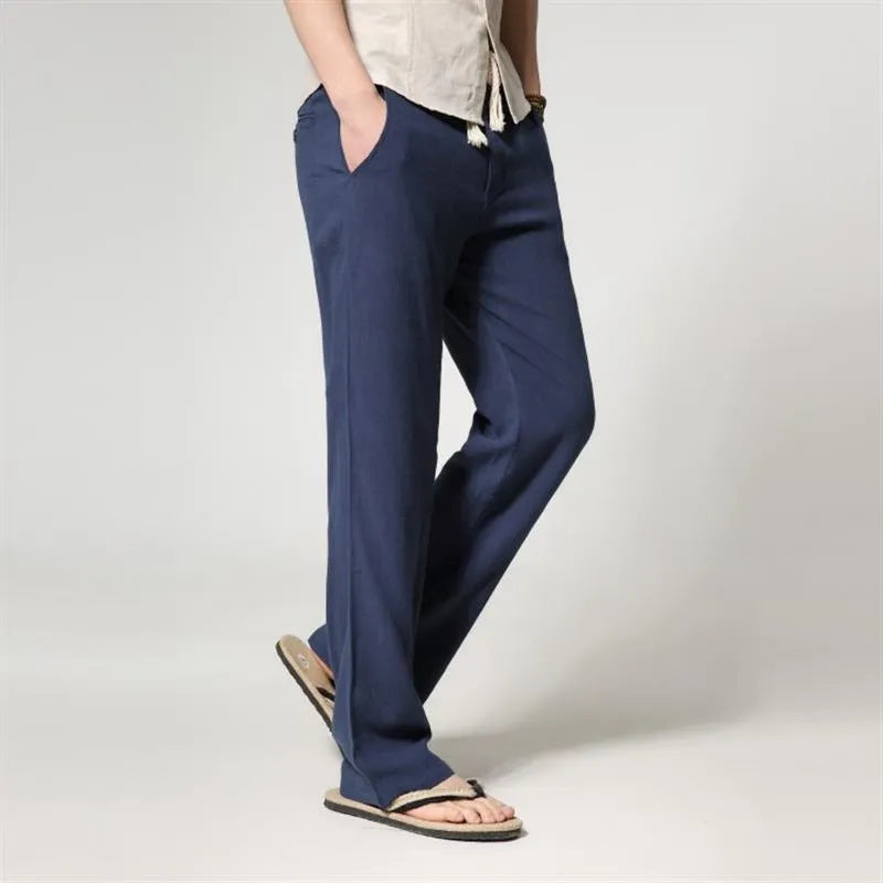 Men's straight leg casual trousers in cotton linen blend showing mid-waist design and straight leg opening