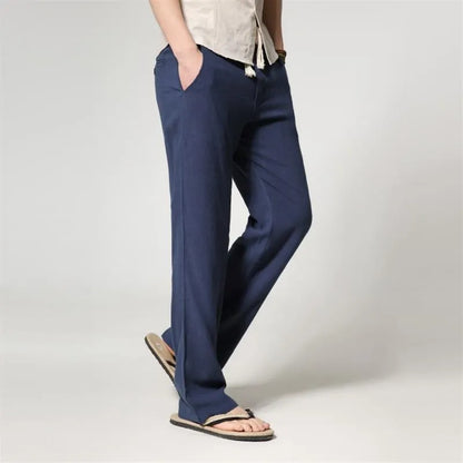 Men's straight leg casual trousers in cotton linen blend showing mid-waist design and straight leg opening