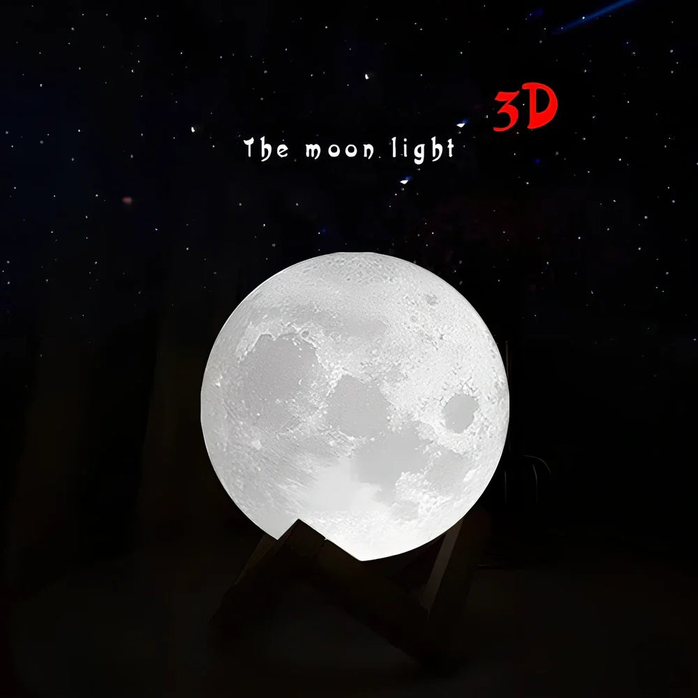 3D printed moon night table lamp on wooden holder, remote showing 16-colour options, 15cm size for bedside use