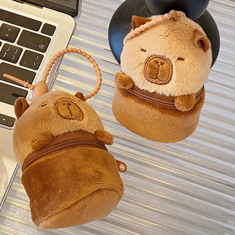 Brown plush animal coin purse and earphone bag with embroidery for daily matching
