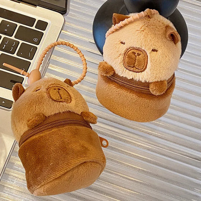 Brown plush animal coin purse and earphone bag with embroidery for daily matching