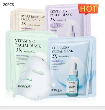 White collagen and hyaluronic acid facial sheet mask in 30g gel format on skin