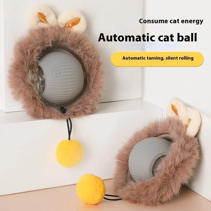Silicone rolling ball cat toy showing red, green, and grey colour options with self-hi motion mechanism