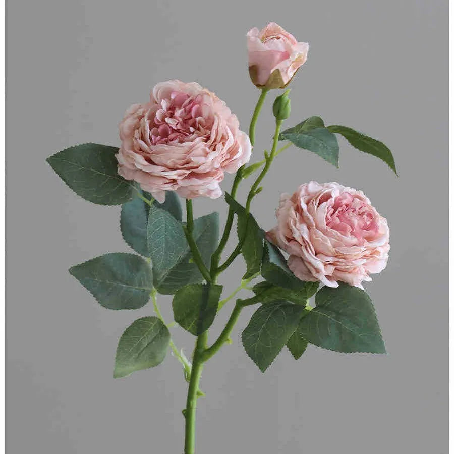 Three-head artificial silk rose flower arrangement with baked edge petals in six colour options