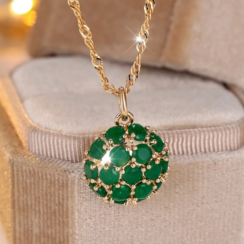 Emerald diamond necklace, full diamond pendant with round emerald centrepiece, 51cm to 60cm adjustable chain, copper construction electroplated champagne gold colour, affordable luxury style for women