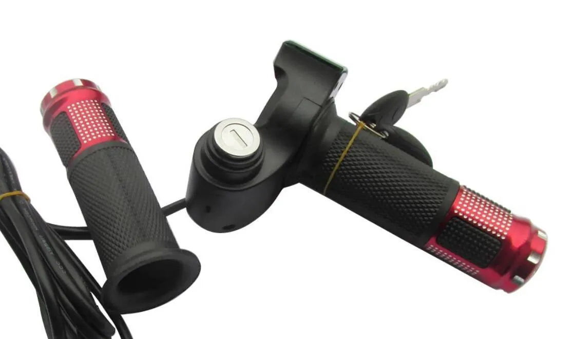 Electric vehicle handlebar replacement part in blue, red, silver, and yellow colour options.