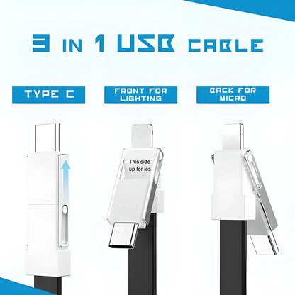 Compact 3-in-1 Mini USB Keychain Charger in Blue and Black colours, attached to a keychain and bag