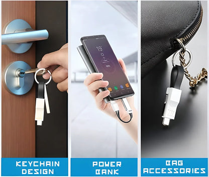 Compact 3-in-1 Mini USB Keychain Charger in Blue and Black colours, attached to a keychain and bag
