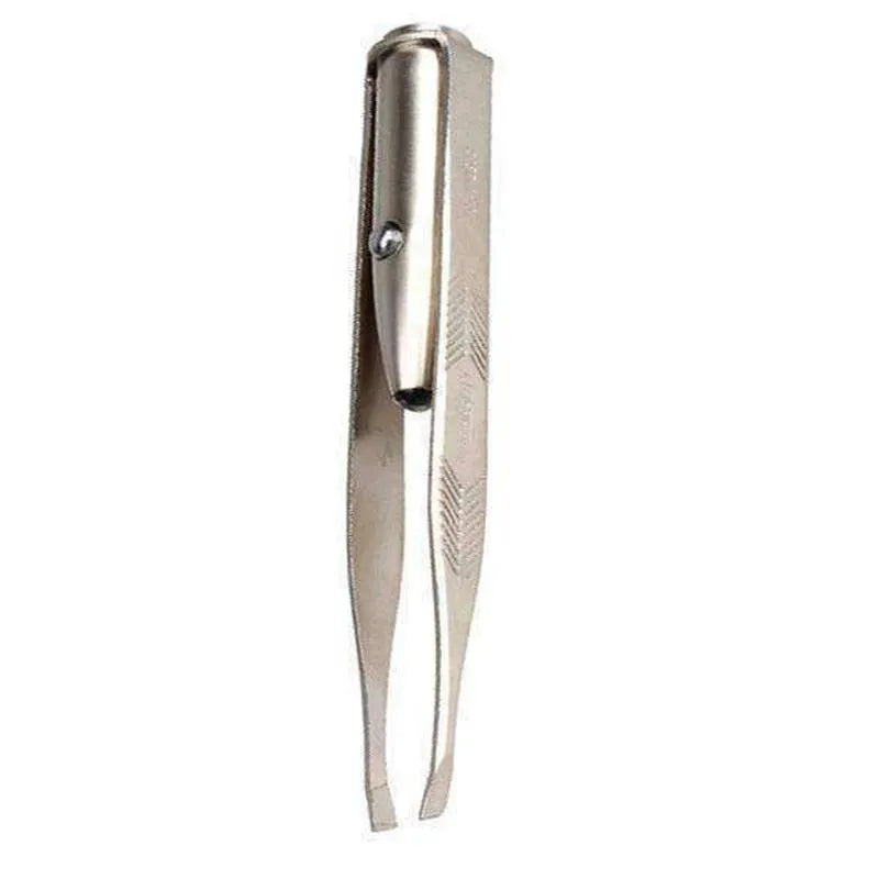 Stainless steel LED beauty tweezers with a push-button switch showing illuminated tips for eyebrow grooming.