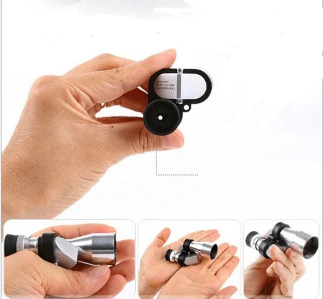 Compact silver aluminium alloy monocular with foldable eyecup on a canvas bag with lens cloth.
