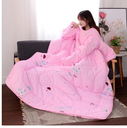 Cozy heated blanket with sleeves for comfortable lounging and hands-free relaxation
