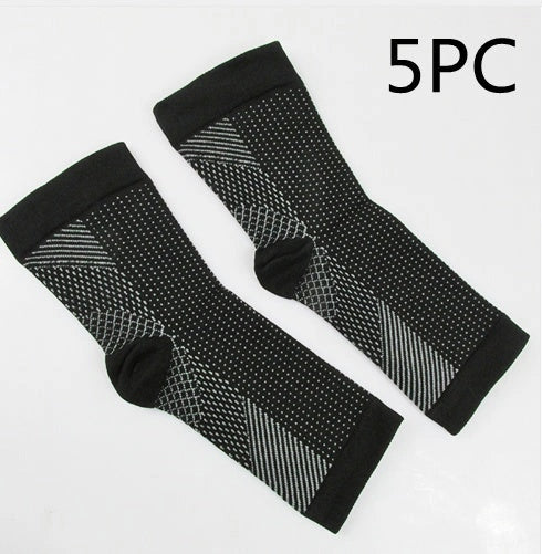 Anti-fatigue compression foot sleeve in black, red, or white, featuring moisture-wicking fabric and a heel hole for breathability.
