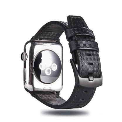 Leather Apple Watch strap with carbon fibre pattern case in red, black, orange, and blue colour options.