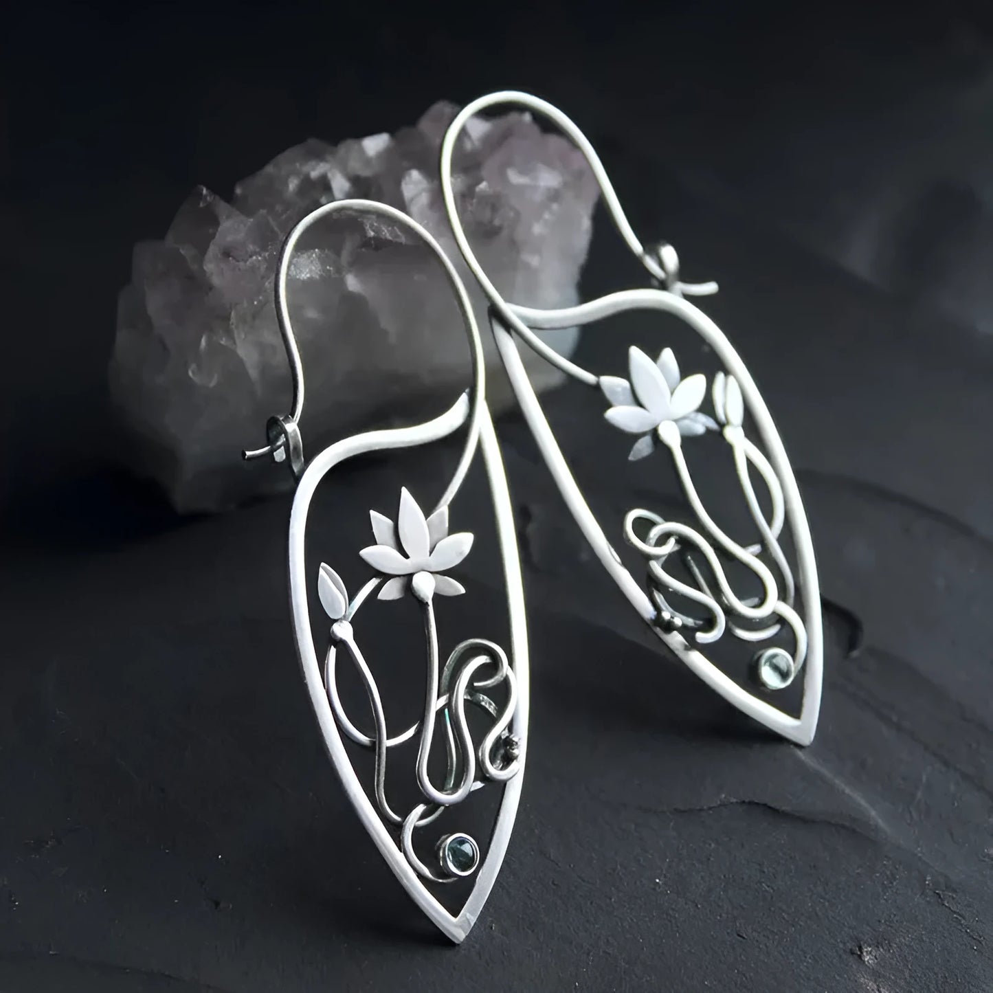 Silver lotus vine design women's earrings with geometric rhinestone details on electroplated alloy