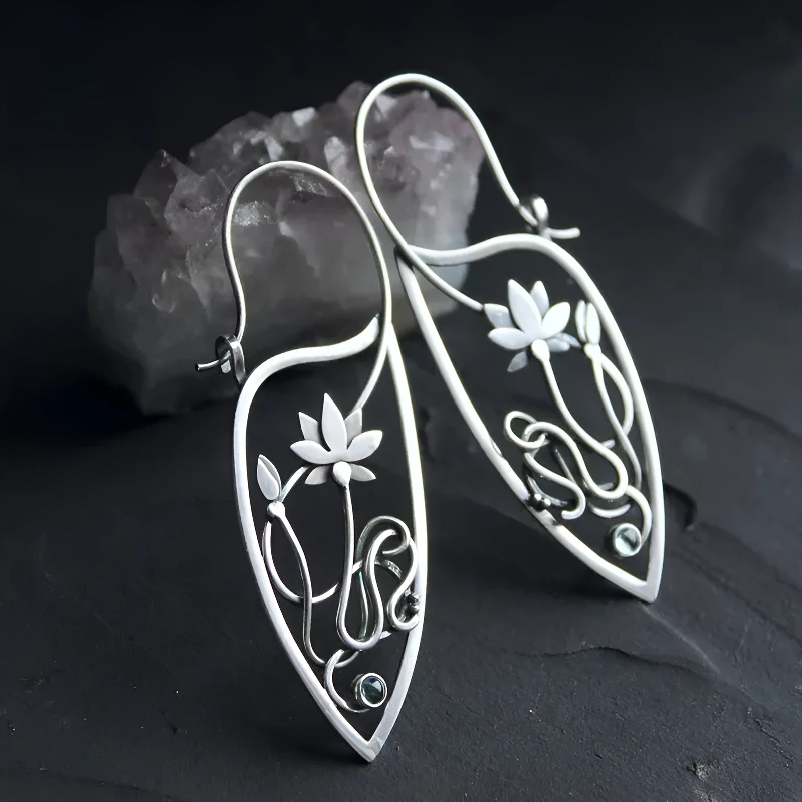 Silver lotus vine design women's earrings with geometric rhinestone details on electroplated alloy