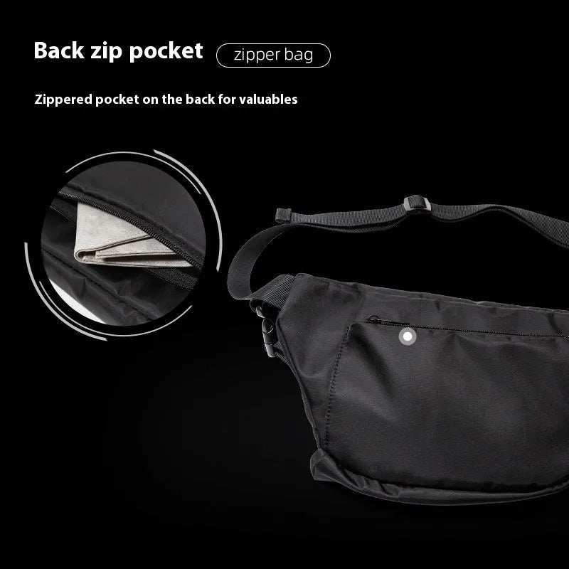 Black men's slanted chest bag with sewing line detailing and 8-inch Oxford fabric construction