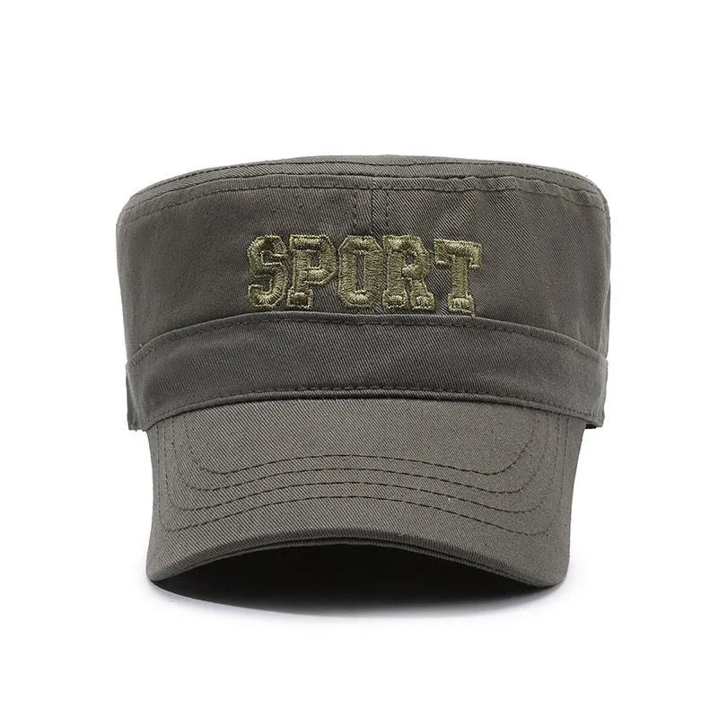 Men's adjustable cotton flat-top peaked cap in army green with dome crown and English letter detailing