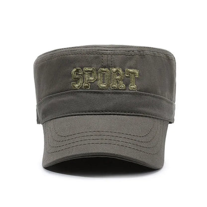 Men's adjustable cotton flat-top peaked cap in army green with dome crown and English letter detailing