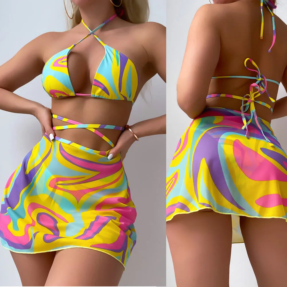 Yellow striped women's halter neck lace-up swimsuit with matching skirt and shorts
