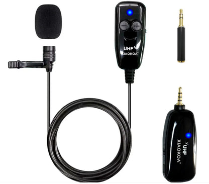 Black omnidirectional lavalier lapel microphone with a 3.5mm plug for mobile phones on a white background.
