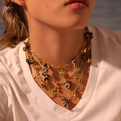 Women's adjustable stainless steel necklace with geometric leopard pendant featuring heart and flower decorative elements