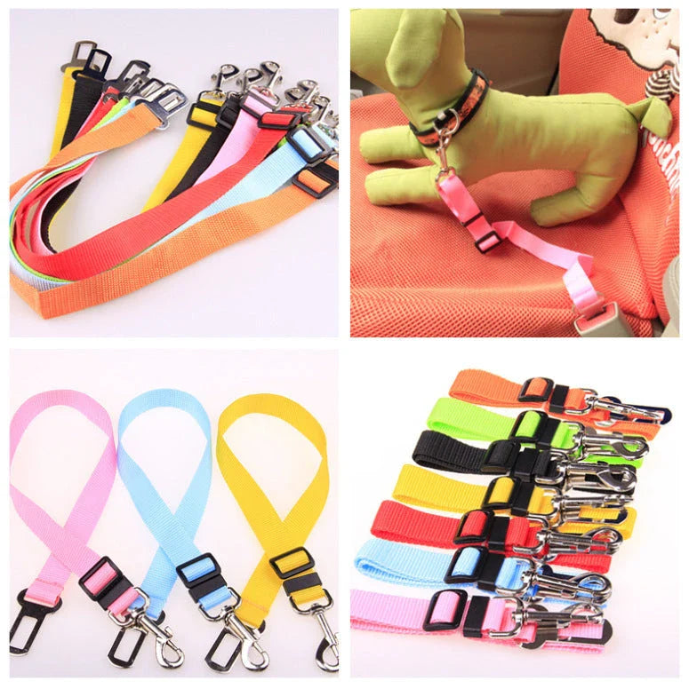 Adjustable dog seat belt with secure clip and buckle for attaching to pet harness and vehicle seatbelt