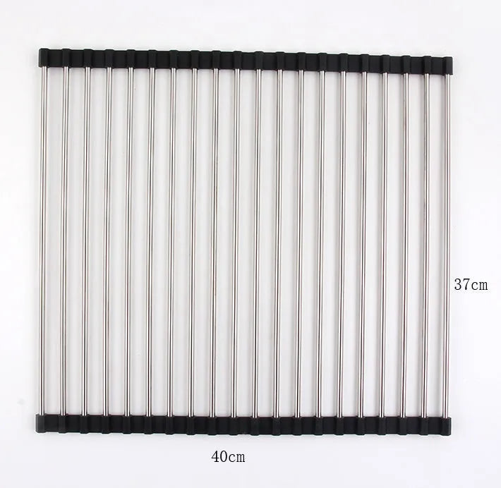 Folding stainless steel kitchen drain rack with coloured plastic tubes, shown open for use.