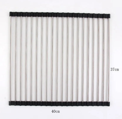 Folding stainless steel kitchen drain rack with coloured plastic tubes, shown open for use.