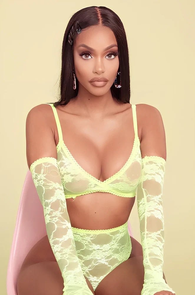Women's fluorescent green three-point strap lingerie in sizes S, M, L, polyester construction with adjustable straps for secure fit