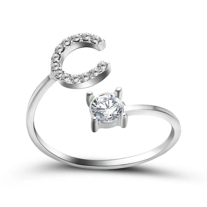 Personalized Initial Letter Crystal Ring with Adjustable Design in Gold, Silver, and Rose Gold Colors