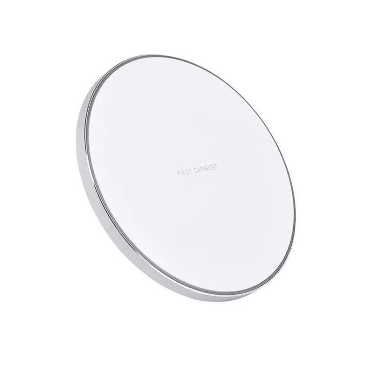 Ultra-thin square aluminium wireless charging pad in black, red, white, or yellow.