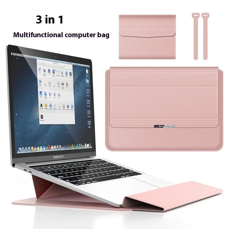 Three-in-one laptop bag in faux leather and plush, shown in black, dark blue, rose gold, grey, dark green, red or camel.