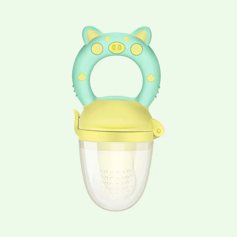Silicone baby teether chew toy in blue, green, or pink for infant gum relief