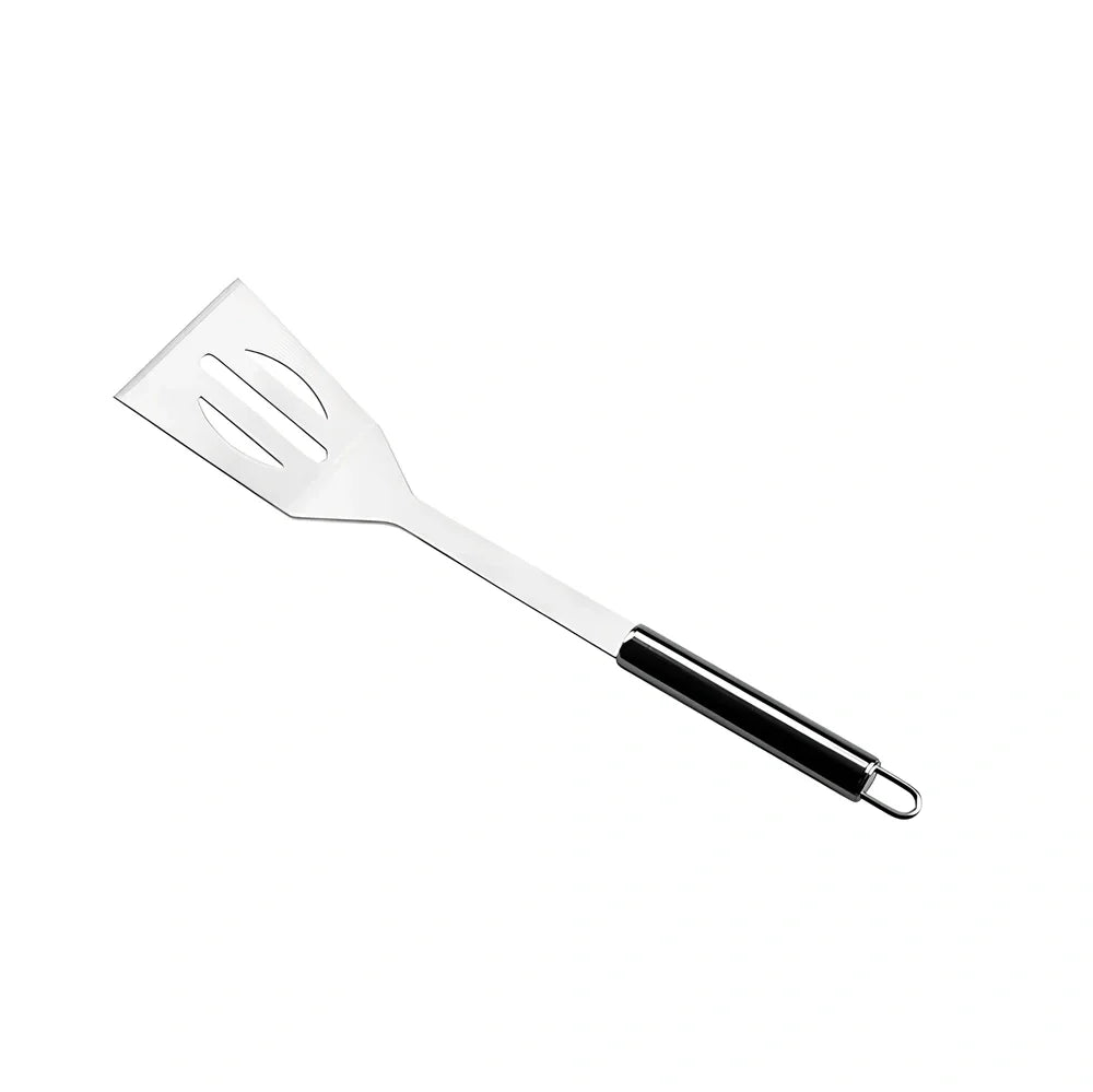Silver 10-piece stainless steel BBQ tool set with shovel, fork, clip, strings, brush, and tote bag, sized 40x16.5x6cm for outdoor use