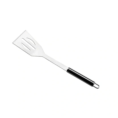 Silver 10-piece stainless steel BBQ tool set with shovel, fork, clip, strings, brush, and tote bag, sized 40x16.5x6cm for outdoor use