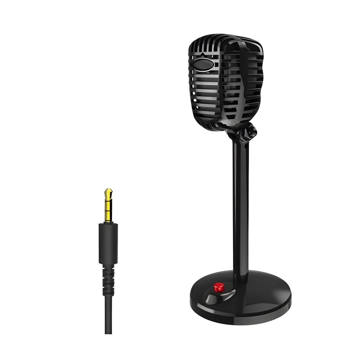 Black USB computer microphone with adjustable gooseneck and weighted silicone base stand on a desk.