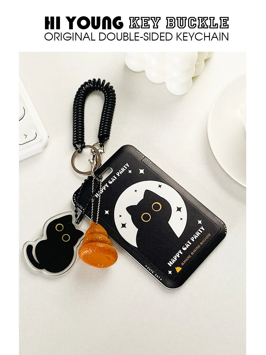 Cartoon cat design plastic card holder sleeve with a metal ferrule pendant clip attached.