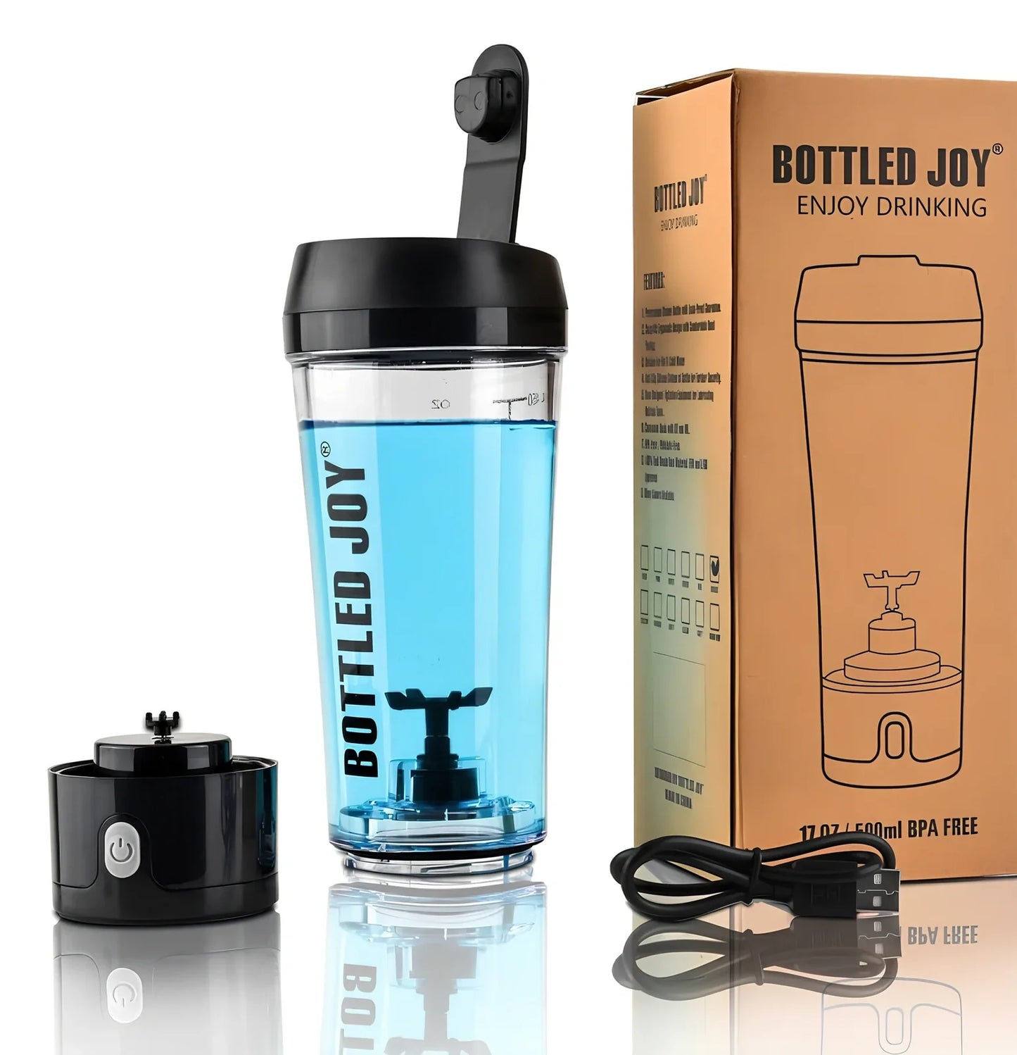 Black USB electric shaker bottle with measurement markings and automatic mixing technology